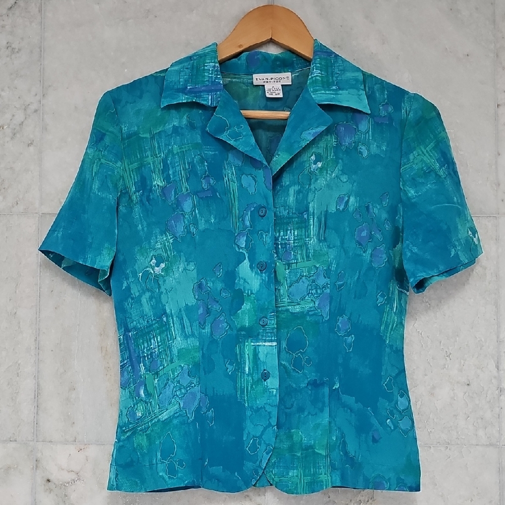 Evan Picone Teal Abstract Button Down Silk Shirt